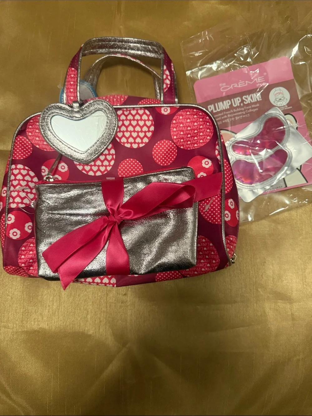 Heart Print Pink Cosmetic Bag with Metallic Pouch and Ribbon